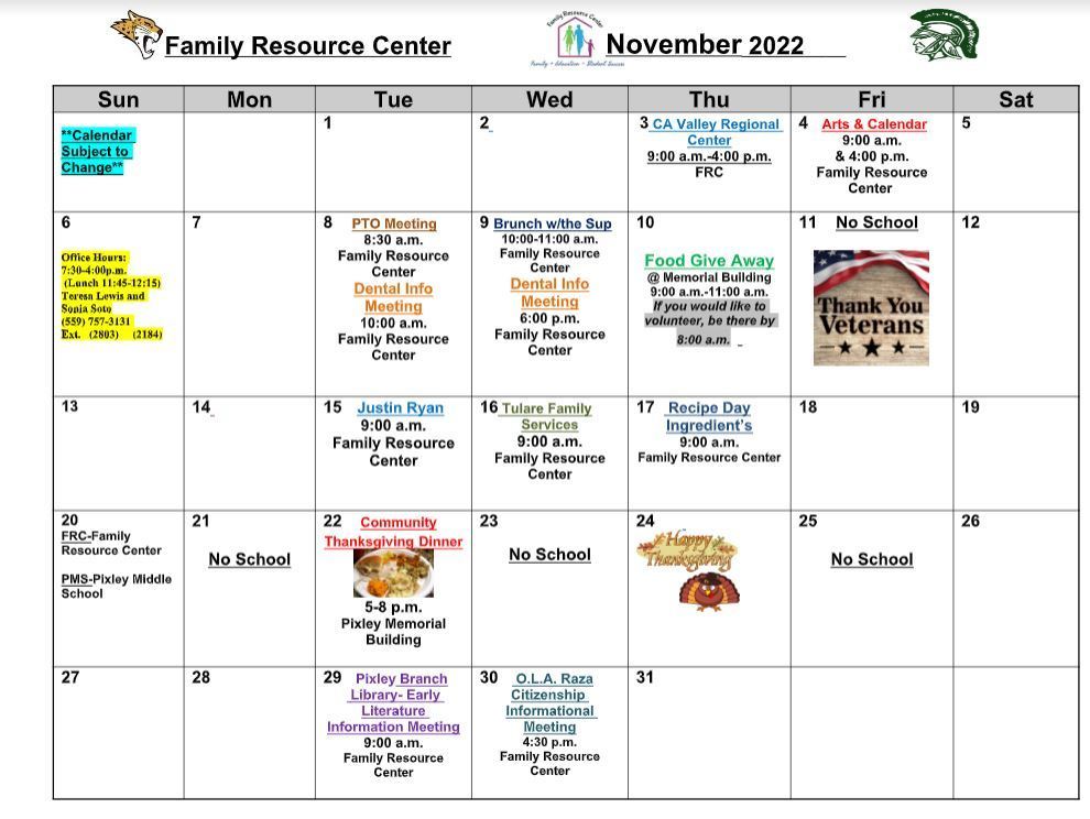 Family Resource Center's November Calendar
