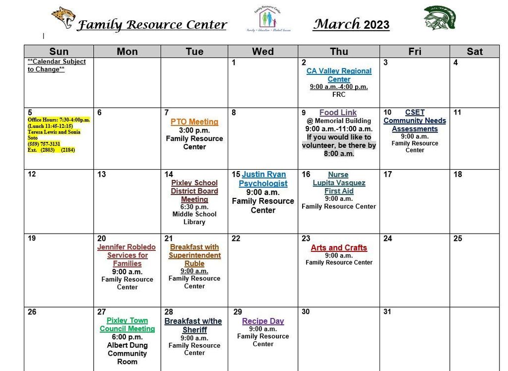 The March Family Resource Center Calendar of Events