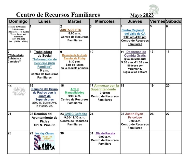 May Family Resource Center Calendar- Spanish