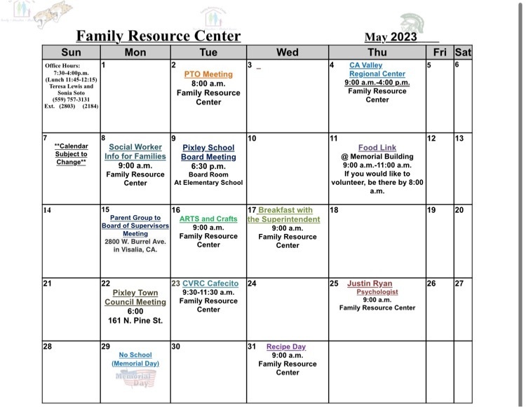 May Family Resource Center Calendar- English